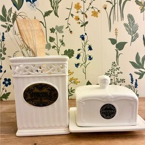 White Ceramic Utensil Holder and Butter Dish Set